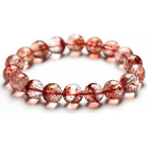 Genuine Natural Gold Strawberry Quartz Bracelets 12mm Lepidocrocite Crystal Round Bead Stretch Woman Bracelet