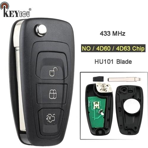KEYECU 433MHz NO/ 4D60/ 4D63 Chip Remote Car Key Fob 3 Button For Ford Connect Focus Mondeo Fiesta Transit C Max HU101