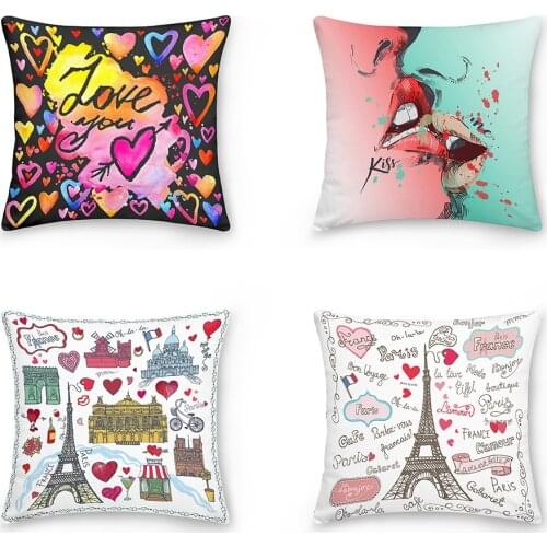 EiffelTower Lips Love Pattern Decorative Cushions Pillowcase Polyester Cushion Cover Throw Pillow Sofa Decorative Pillow Cover