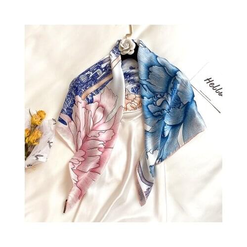 90*90cm Peony Printed Elegant Fashion Twill Weave Silk Large Square Scarf Womens New Decorative Scarf Shawl women