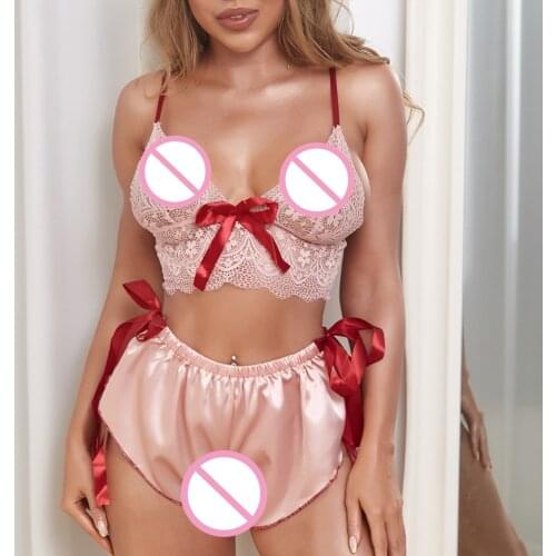 Erotic Lingerie Woman Sexy Lace Red Bow Stitching Perspective Three-Point Lingerie Plus Size Nightwear lingerie erotique femme00
