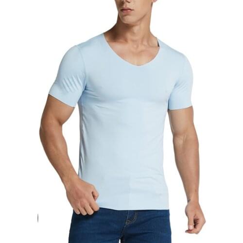 New Men Ice Silk Seamless Short-sleeved T-shirt V-neck Summer Slim Thin Solid Color Bottoming Shirt Sports Underwear Multicolor