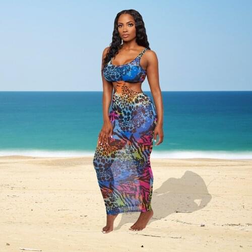 Tie Dye Sheet Mesh Boho Holiday Party 3 Piece Outfits Women Sets Clothes 2021 Black Girl Lounge Wear Sexy Summer Dress