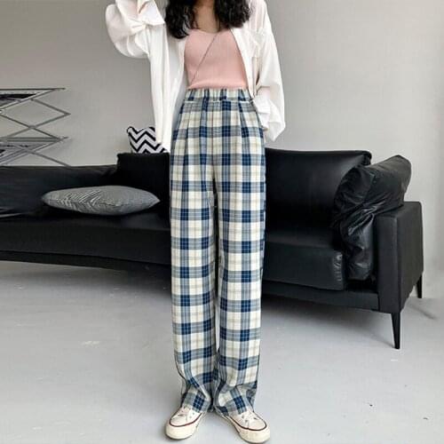 DASSWEI Fashion Plaid Wide Leg Pants For Women Summer Casual Elastic High Waist Loose Long Straight Trousers Femme Streetwear