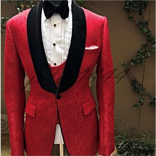 Custom Made Men Suits Red and Black Groom Tuxedos Shawl Velvet Lapel Groomsmen Wedding Best Man ( Jacket+Pants+Tie+Vest ) C674