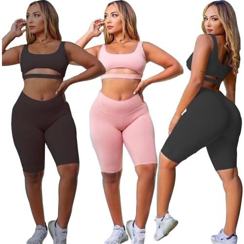 2021 Spring and Summer New Fashion Womens Clothing Solid Color Hollow Fashion Casual Sports Vest Shorts Two-Piece Suit