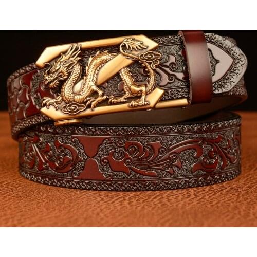 New Arrivel Embossing Auto Lock Buckle Leather Belts for Men Genuine Cow Leather Ratchet Man Dress Belt Male Waistbands
