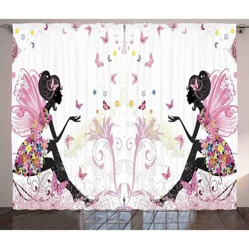 Girls Window Curtains Fairy Girl with Wings in a Floral Dress Magical Fantasy Garden Flying Butterflies Living Room Bedroom