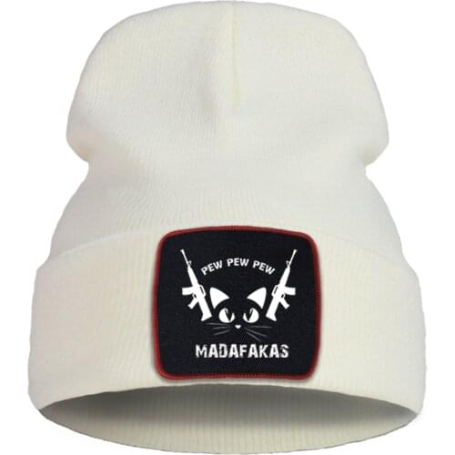 Pew Pew Pew Madafakas Funny Cat Beanie Women Hats Cotton Warm Knitted Caps Outdoor Street Skullies Hat Cartoon Simple Bonnet Cap