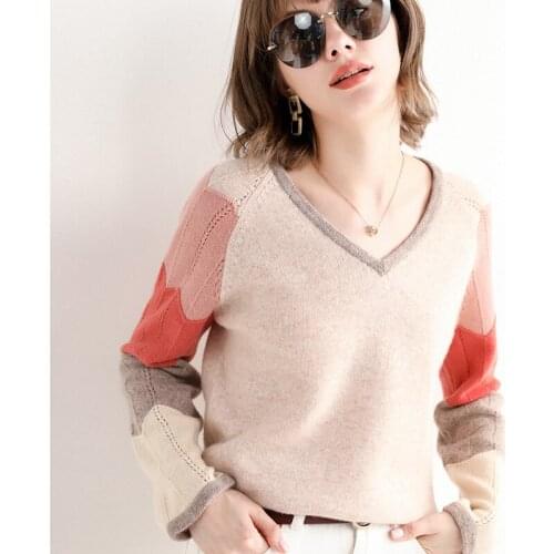 Autumn and Winter Female Cashmere New Womens V-neck Pullover Short Stitching Color Color Matching Bright Thick Base Sweater