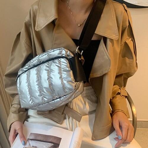 2021 Luxury Space Cotton Shoulder Bags for Women Winter Down Crossbody Bag Wide Strap Messenger Bag Fluffy Leather Nylon Purse