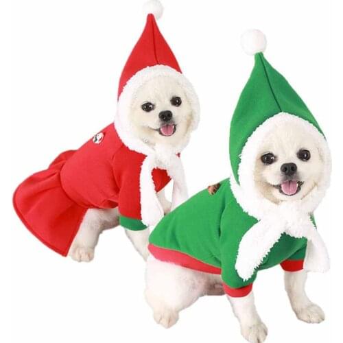 Christmas Dog Costume Pet Cat Clothes Warm Fleece Dress With Hat Set Winter Xmas Wedding Apparel French Bulldog Clothing Outfit
