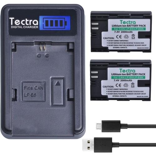 Tectra LP-E6 LP-E6N LPE6 LP E6N 2PCS 2000mAh/Li-ion Camera Battery + LCD USB Charger for Canon 70D 5DII 5D2 5D3 7D 6D 60D