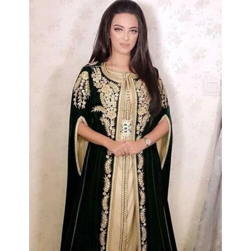Dark Green Moroccan Caftans Evening Dresses Embroidery Appliques Elegant Long Formal Dress Dubai Arabic elbise abiye Party Dress