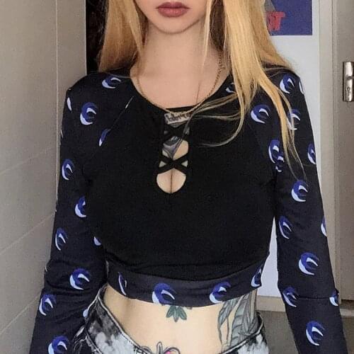 Y2k Moon Tops Pattern Patchwork Gothic T Shirt Women Hollow Out Front Slim Tops Long Sleeve Punk Style Streetwear E Girl T-shirt