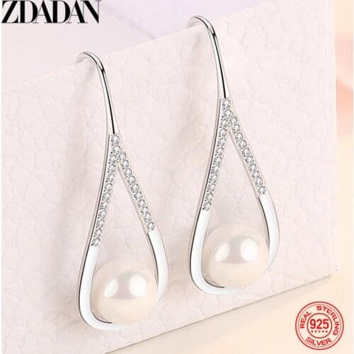 ZDADAN 925 Sterling Silver Drop Shaped Pearl Zircon Dangle Earring For Women Charm Engagement Jewelry Party Gift