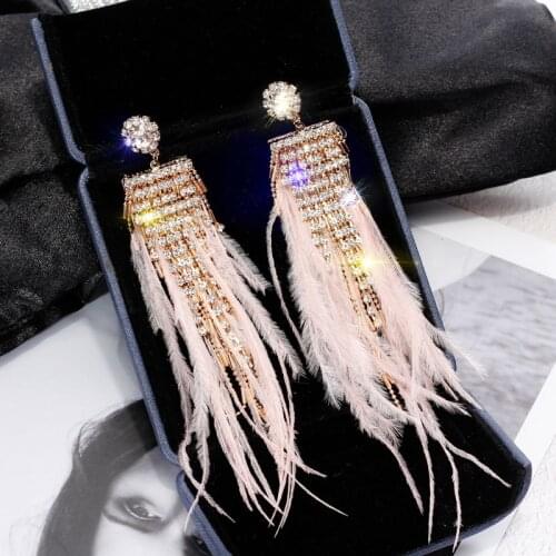 Womens Long Feather Earrings Dangle Bling Rhinestone Drop Earing Luxury Jewelry For Party Bijoux 4 Colors