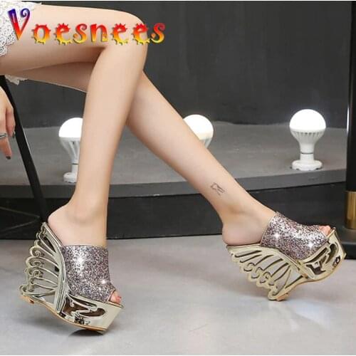 Voesnees Women Slippers 2021 New Waterproof Platform Sequins High Heels 15CM Wedges Hollow Casual Sandals Ladies Wedding Shoes