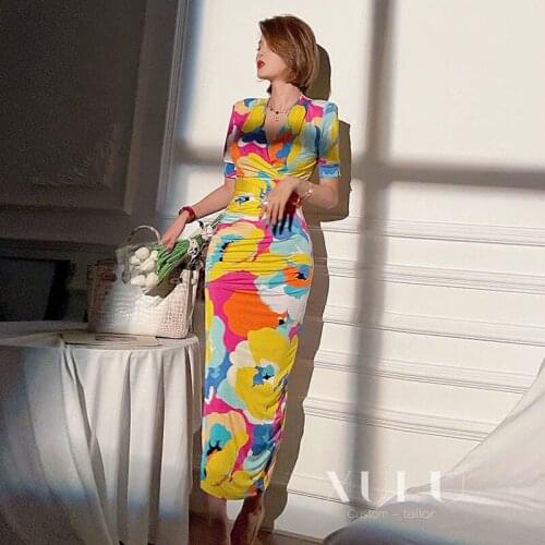 Original High Quality French Oil Painting Wind Dress Female 2021 Summer Temperament Elegant Print Sexy V Neck Waist Robe Dresses