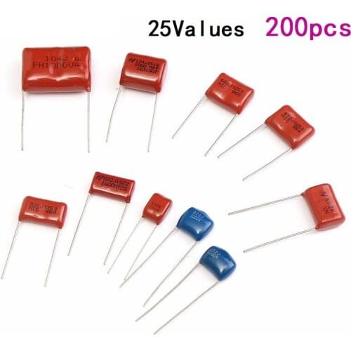 200pcs 630V 0.001uf - 2.2uf Metal Film Capacitors Assortment Kit 25Values High Frequency Capacitor Set 0.1uf 0.22uf 0.33uf 1uf