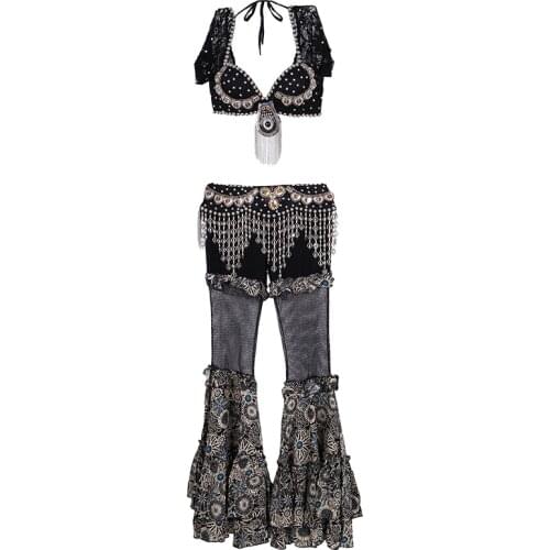 2018 Tribal Belly Dance Clothes 3pcs Outfit Sexy Lace Tops Belt and Pants Women Dance Costume Choli for Bellydance