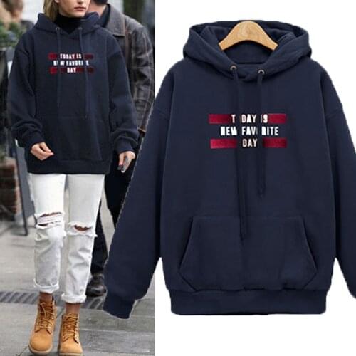 2018 Women Thick Hoodies with Hood Pullover Sweatshirts Letter Print Loose Outwear Velvet