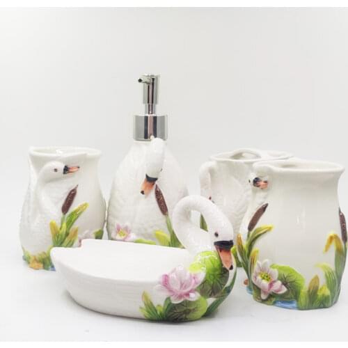 White swan ceramic toothbrush holder soap dish bathroom accessories set kit wedding home decor handicraft porcelain figurine