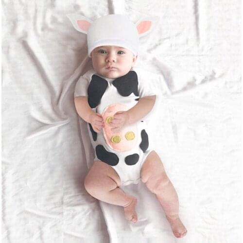 Cartoon Dairy Cow Printed Bodysuit hat Cotton Infant Jumpsuit Cartoon Costume Infant Baby Boy Girl Short Sleeve clothing 2021