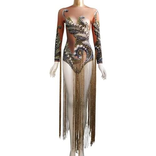 Rhinestones Pearls Gold Fringes Bodysuit Female Singer DJ Nightclub Show Outfit Tassel Leotard Stage Performance Dance Costume