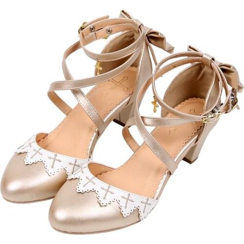 Lolita cross bow tie straps girls sandals Vintage Sweet Lolita Shoes Low Heel Round Head Kawaii Girl Tea Party JK Uniform