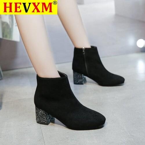 2020 New Winter Womens Boots Fashion Zipper Mid-Heel Square-Heel Ankle Boots Square Head Thick Heel Booties Zapatos De Mujer
