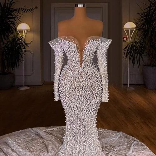 Ivory Long Lace Evening Dresses Formal Heavy Pearls Beading Party Gown 2021 Couture Customized Off The Shoulder Prom Dress Robes