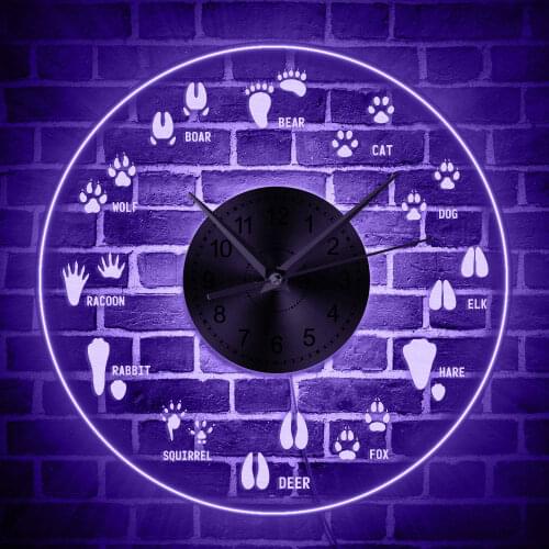 Wild Animals Footprints Nursery Educational LED Wall Clock Woodland Adventure Theme Wall Light Wildlife Tracks Field Guide Clock