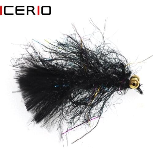 ICERIO 6PCS Bead Chain Eyes Black Bugger Streamers Fly Tying Hook Trout Fishing Fly Lures