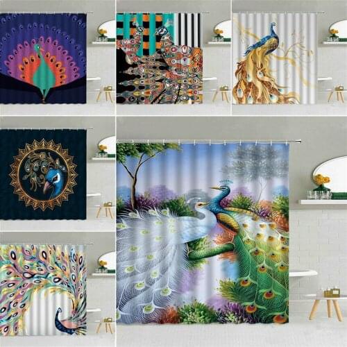 Chinese Bird Peacocks Shower Curtain Colorful Feather Green Plant Bathroom Decor Bath Partition Screen Waterproof Hooks Curtains
