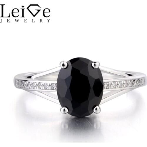 Leige Jewelry Real Natural Black Spinel Ring Oval Cut Gemstone Engagement Anniversary Ring 925 Sterling Silver Ring Womens Ring