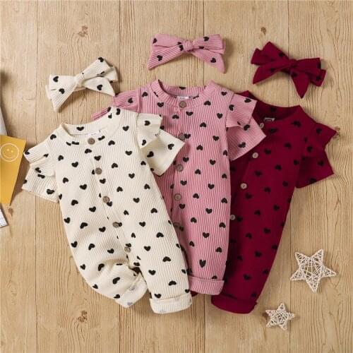 Hibobi Baby Girls Heart-shaped Print Ribbed Jumpsuit & Headband Newborn Kids Cotton Pot Babi Bodysuit