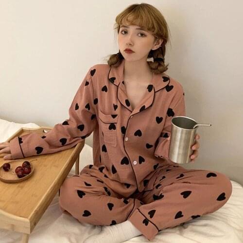 Fdfklak Sweet Love Print Loose Homewear Suit 2PCS Long Sleeve &Pant 2021 Spring Cotton Nightwear Womens Home Clothes