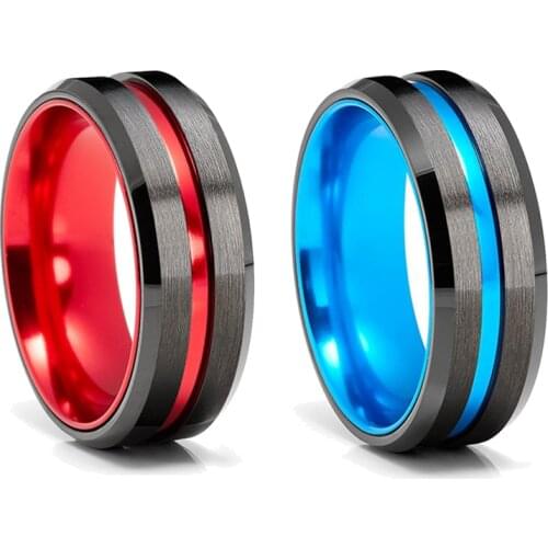 Fashion 8MM Men Red Blue Groove Beveled Edge Black Tungsten Carbide Ring Black Celtic Dragon Carbon Fibre Ring Men Wedding Band