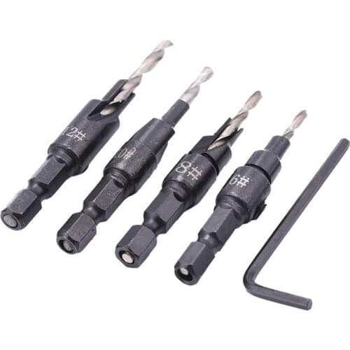 5pcs Countersink Drill Cone Bit Set 6#,8#,10#,12# Quick Change Round Shank Woodworking Screw Reamer Chamfer Corresponding Drill