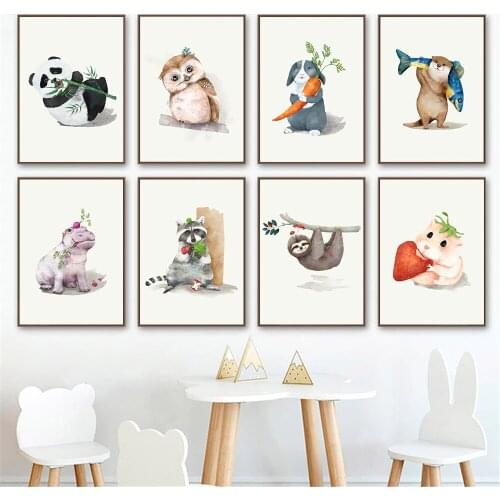 Nordic Woodland Animal Canvas Print Poster Panda Owl Rabbit Raccoon Wall Art Painting Nursery Wall Pictures Kids Baby Room Decor