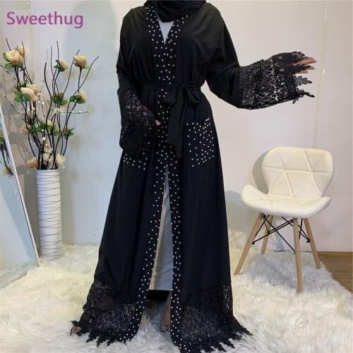 2021 New Nida High Quality Pretty Lace Abaya Luxury White Pearls Diamond Open Abaya Dubai UAE Modest Black Abayas With Pockets