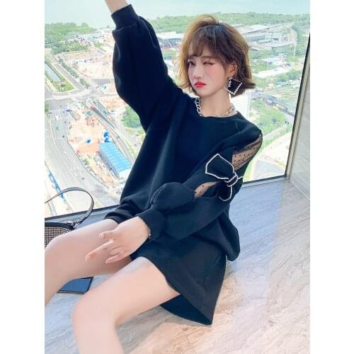 Stitched mesh sleeve with diamond bow sweater+Womens High Waist Wide Leg Pants Suit 2021 Spring new High Quality Top Quality