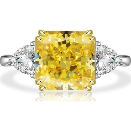 Luxury 925 Sterling Silver 10*10MM Simulated Moissanite 11CT Citrine Gemstone Wedding Engagement Ring Wholesale Fine Jewelry