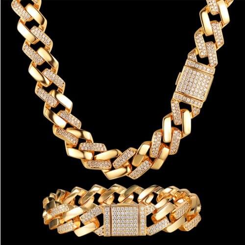 Luxury Zircon CZ Hip Hop Miami Cuban Link Chain 14mm Baguette Bracelet Men Rhombus Necklace Dropshipping Street Rock Jewelry Set