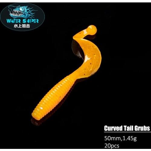 WATER SNIPER Bait Grubs 2in Curved Tail Silicone Bait 20pcs/Pack Artificial Soft Lure for Salt & Freshwater Fishing Kit