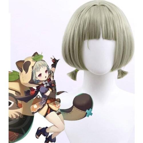 Synthetic Short Bob Sayu cosplay wig for Women Green hair With Bangs Genshin impact Pigtails Party Bob with Bangs Inazuma
