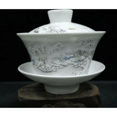Old Chinese powder color porcelain landscape pattern cover bowl teacup