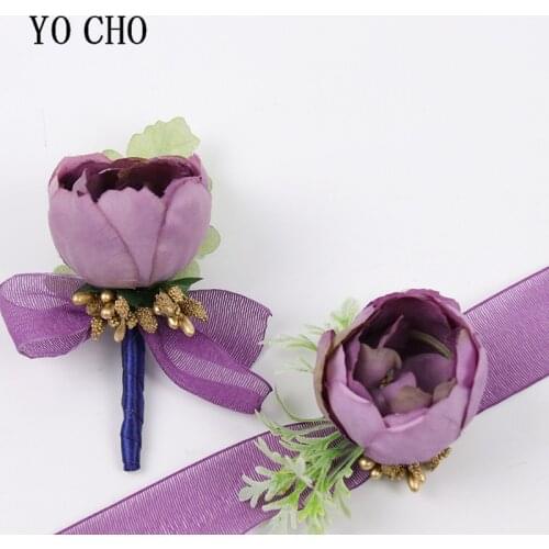 YO CHO Wedding Boutonnieres for Groomsmen Bridesmaid Wrist Corsage Men Brooch Pins Silk Rose Flower Bracelet Wedding Boutonniere