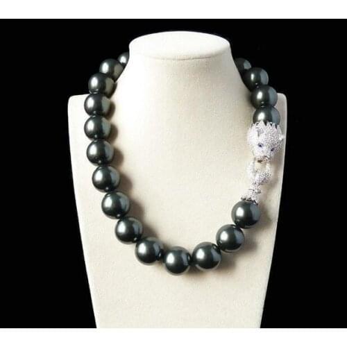 SOUTH SEA Pearl Beads large beads 14mm black shell pearl inlay zircon leopard head necklace CZ clasp Genuine -jewelry